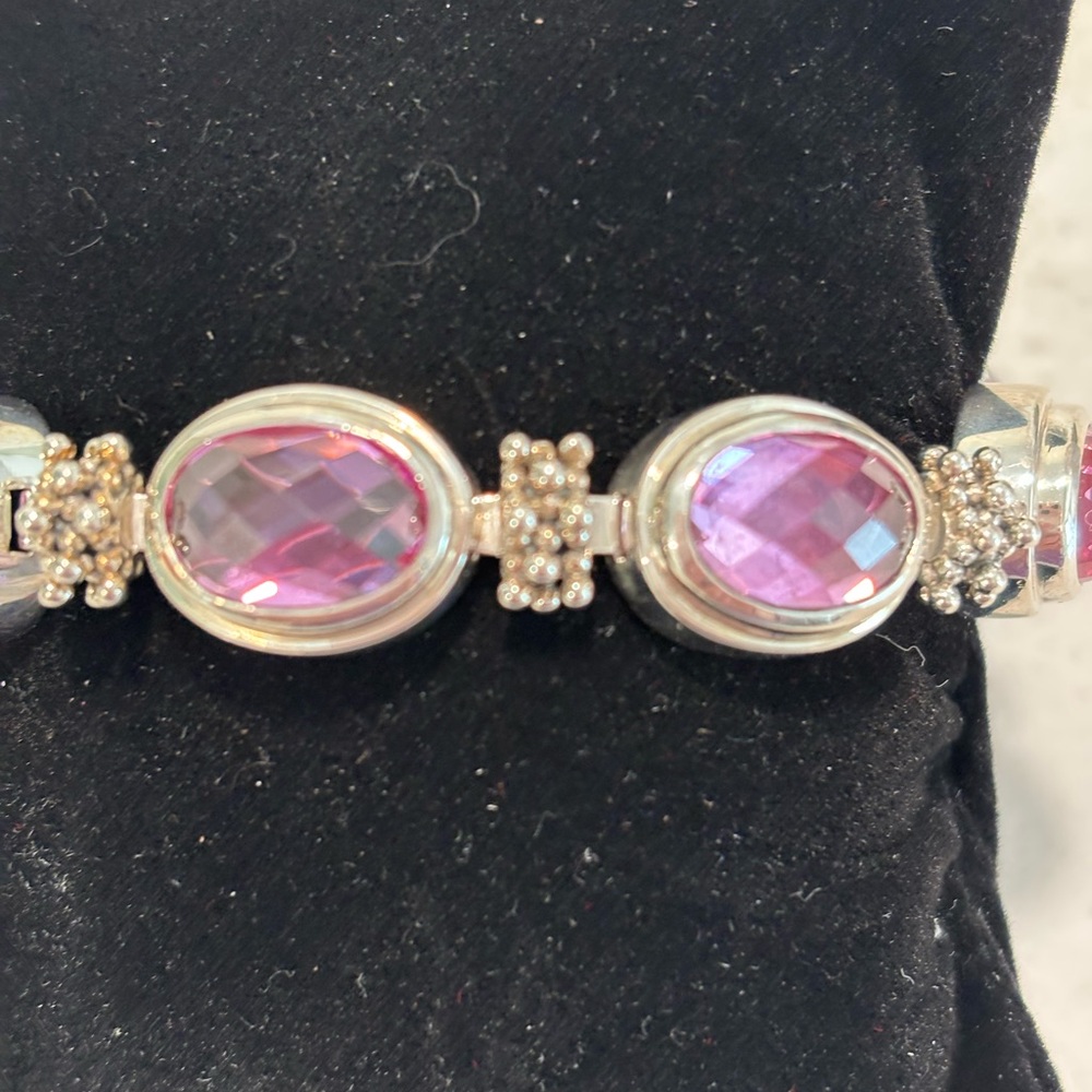 Michael Dawkins Oval Checkerboard Simulated Pink Sapphire/SS Bracelet - Picture 6 of 8